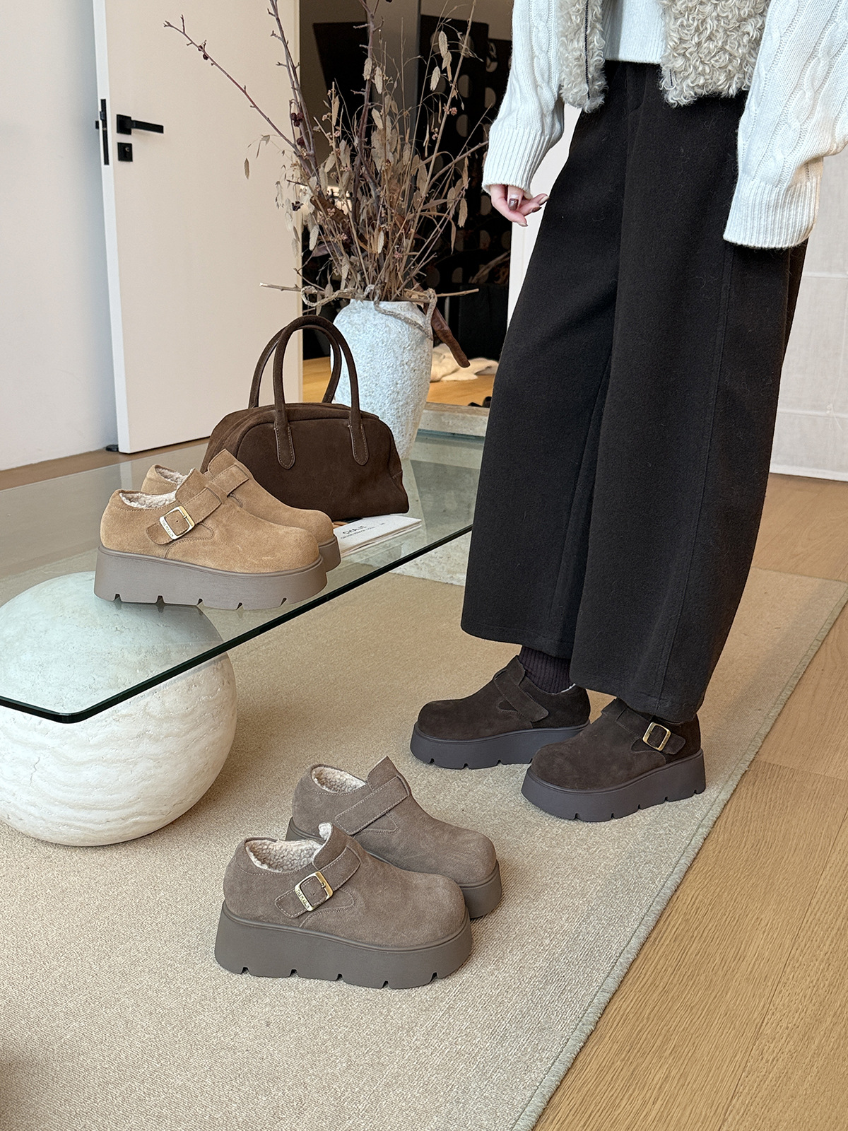 MARCO&JOYCE厚底增高勃肯鞋女冬季新款加绒松糕一脚蹬乐福鞋单鞋详情25