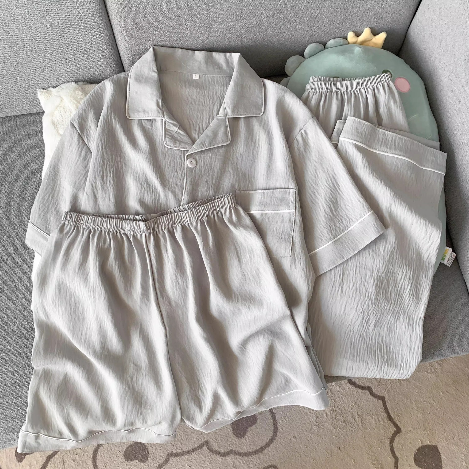 云朵纯棉纱男士睡衣夏季短袖简约纯色高级感可外穿家居服三件套装详情3