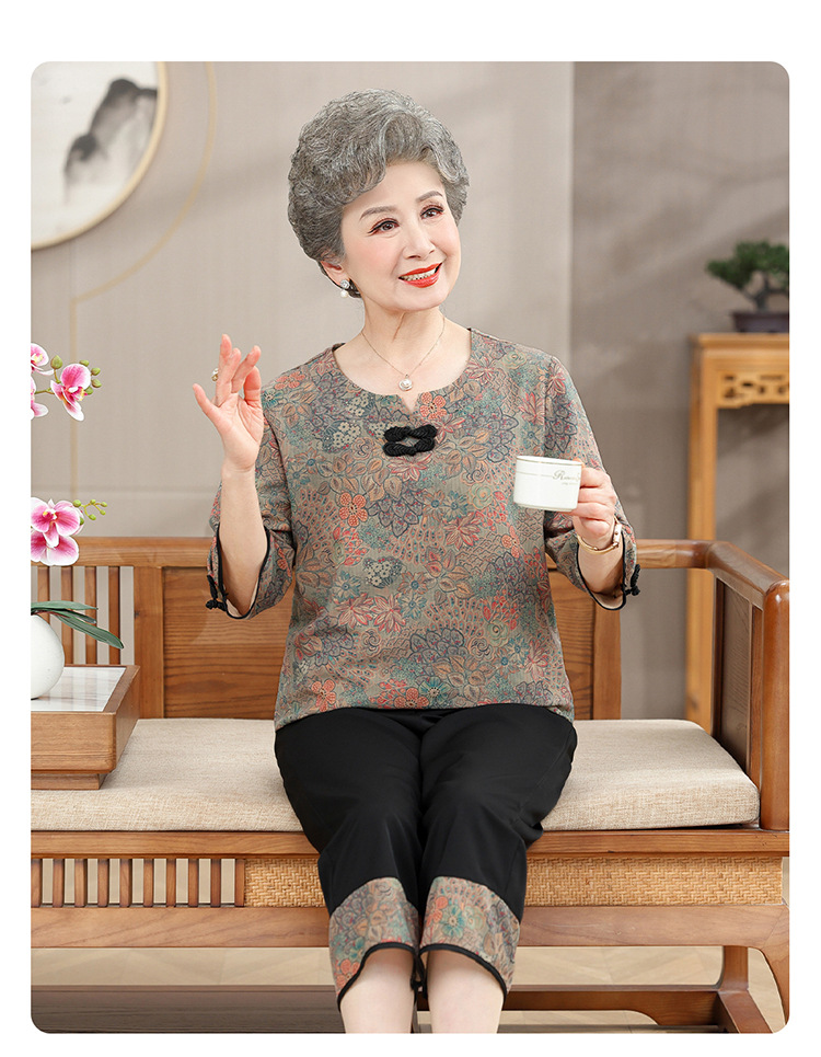 奶奶夏装套装新款中老年女时尚短袖上衣60岁老年人宽松雪纺两件套详情27