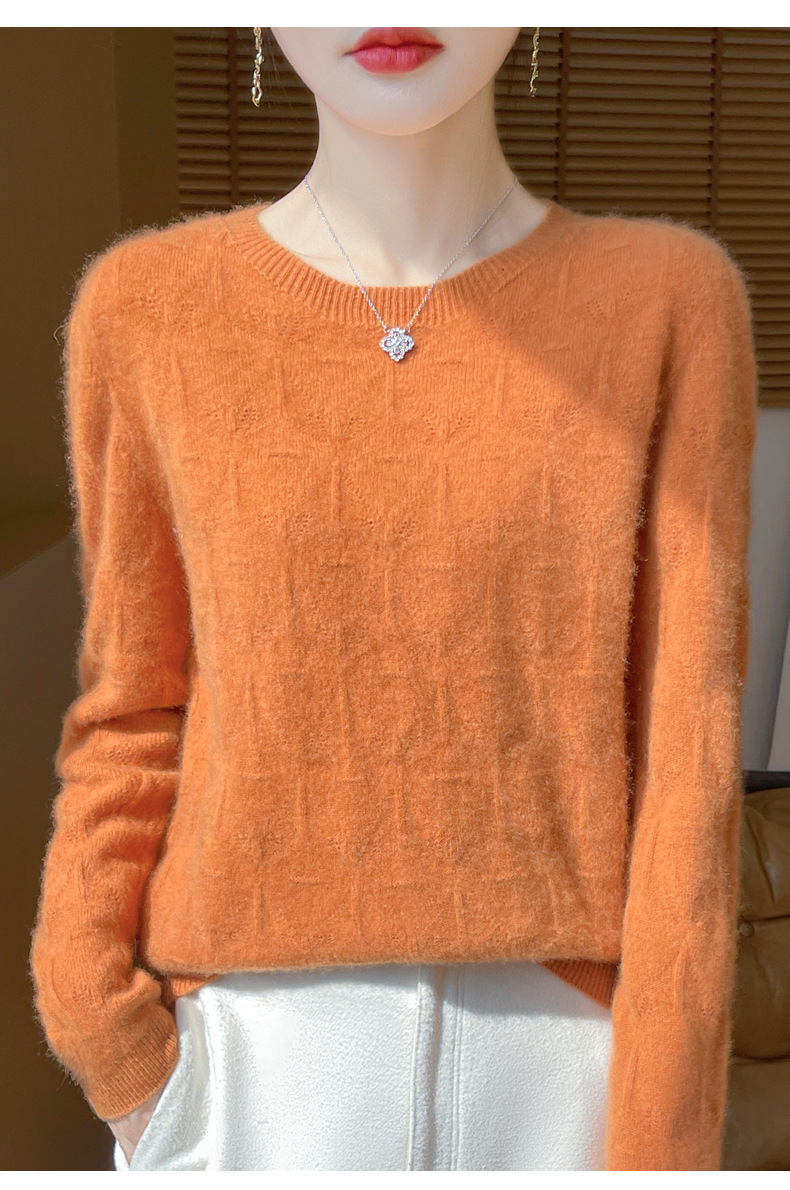 镂空花一线成衣100纯羊毛衫女圆领长袖针织羊绒毛衣宽松软糯打底详情47