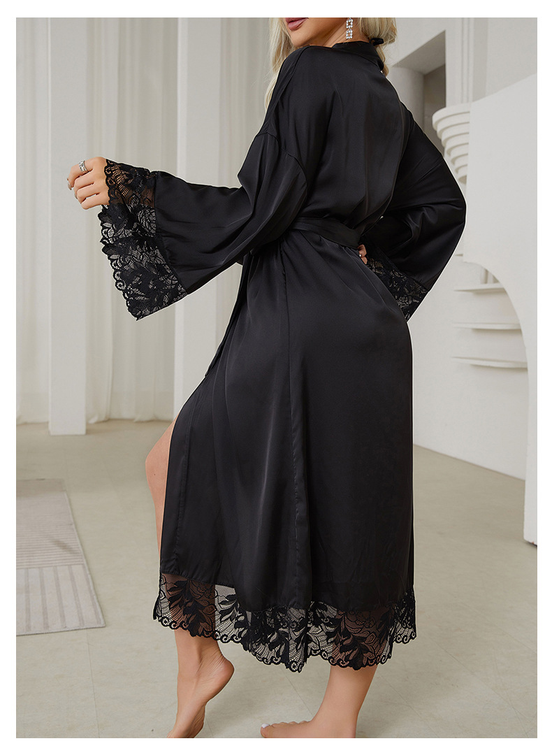 A black and white V-neck lace-trimmed mid-length, slit, light luxury and sexy nightgown for export, 682 pic 12