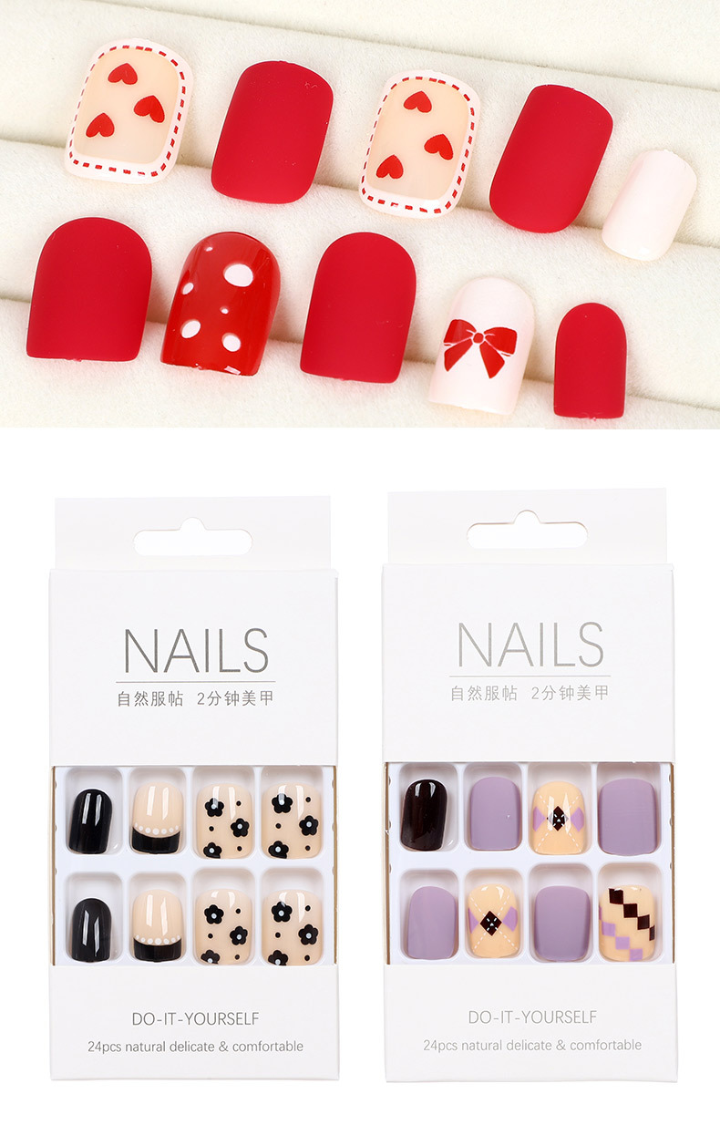 Checkered heart-shaped nail art mixed color printed false nail, colored stripe bow wearable nail, 24-piece finished nail pic 13