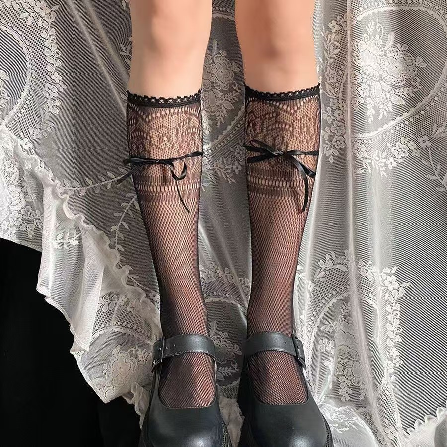 jk日系复古镂空中筒袜子女春夏季蝴蝶结蕾丝花边渔网袜潮镂空设计详情11