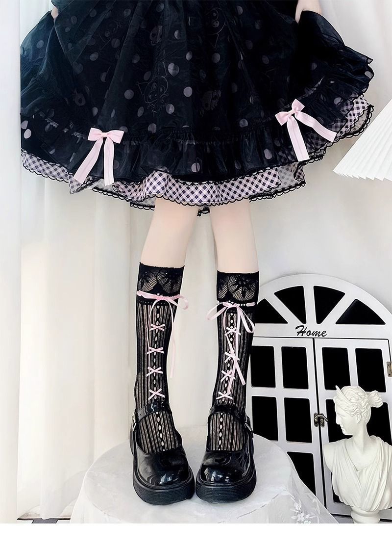 Lace-up lace stockings for women, summer thin socks for women, mid-calf lolita with cute bow lace, lace-up calf socks pic 7