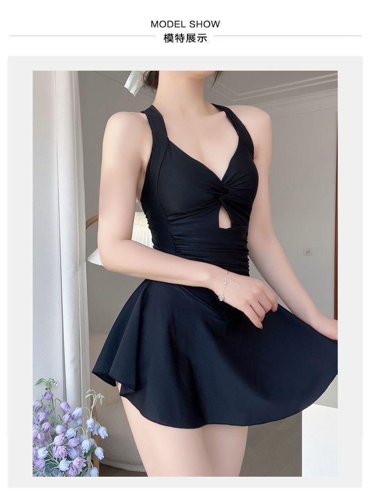 温泉泳衣女时尚爆款纯色显瘦遮肉连体裙式保守收腰性感游泳衣批发-028407详情10