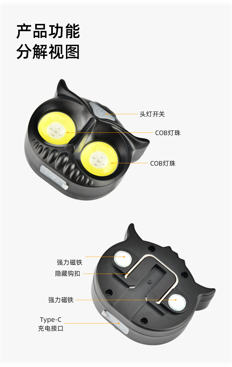 Best-selling induction owl headlamp, high-intensity LED mini portable outdoor camping fishing headlamp, COB warning headlamp pic 10