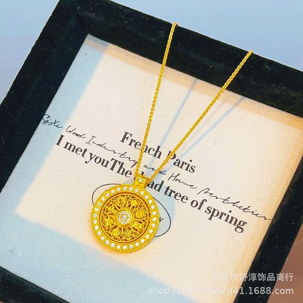 Long-lasting and colorless Vietnamese sand gold diamond-encrusted auspicious eight treasures compass and ruyi rope necklace, rotatable pendant sweater chain for women pic 3