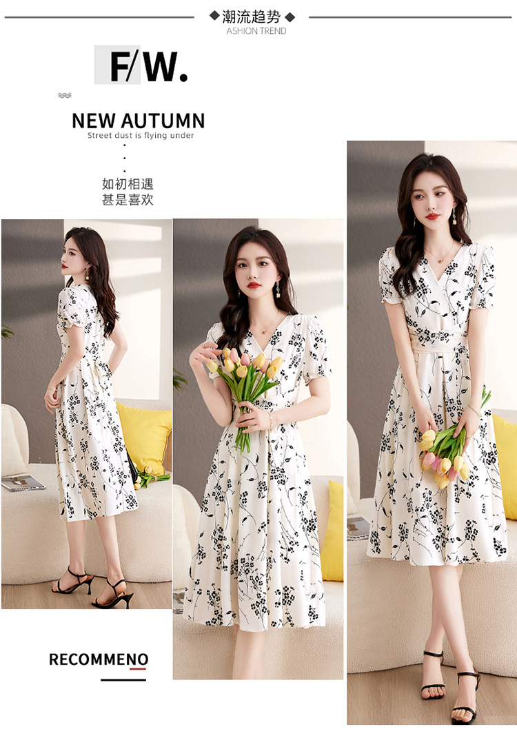 French floral chiffon dress for women 2024 Summer new style, fashionable, elegant and versatile V-neck midlength dress pic 10