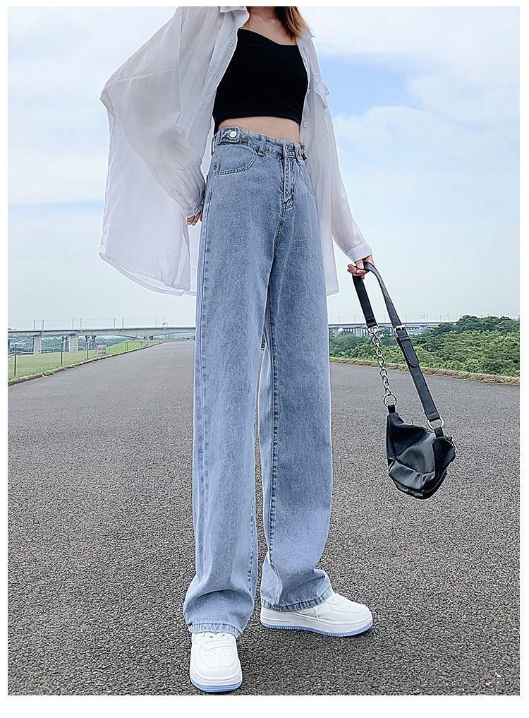 阔腿牛仔裤女网红高腰2025年春夏新款多扣可调直筒宽松垂感拖地裤详情2