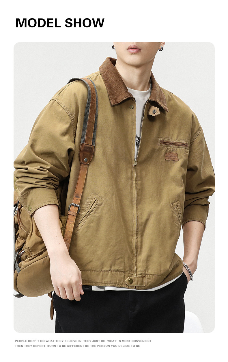沐丘男装∣潮牌山系户外翻领宽松工装夹克男高级感珠帆布美式外套详情5