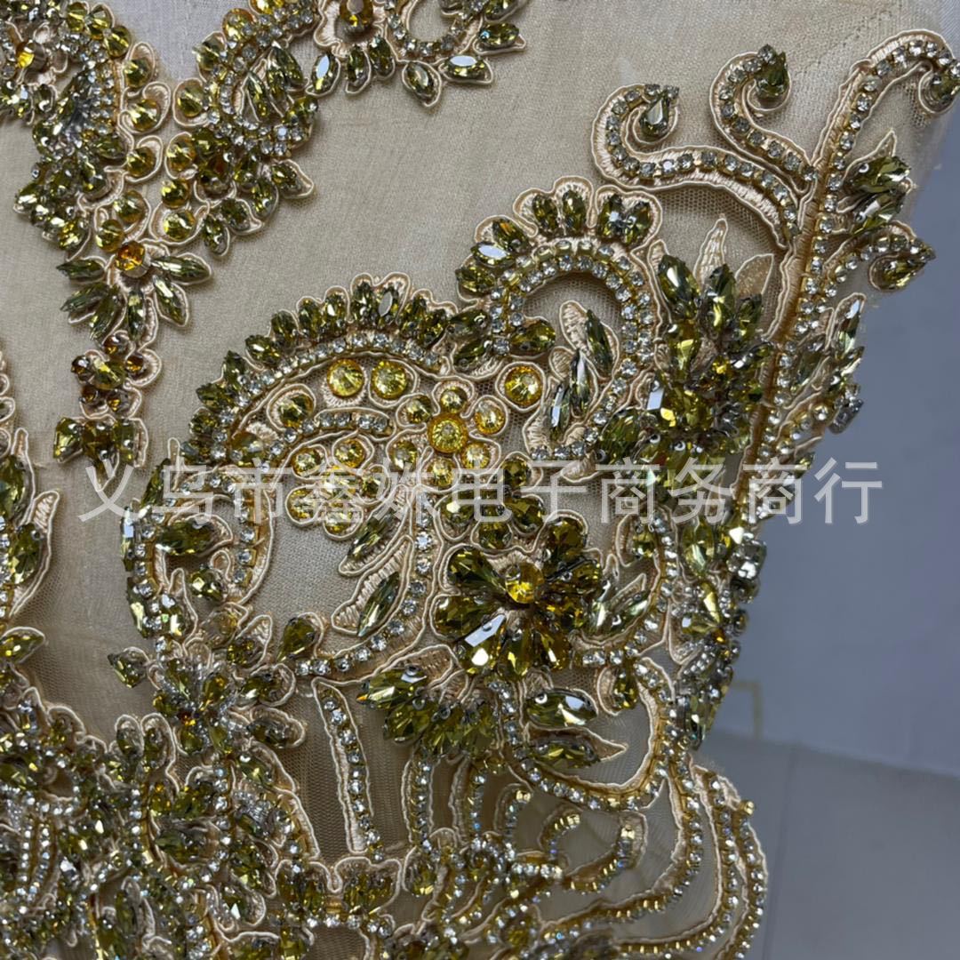 Gold decal 45X53cm hand-stitched beaded lace decal for wedding dress decoration pic 3