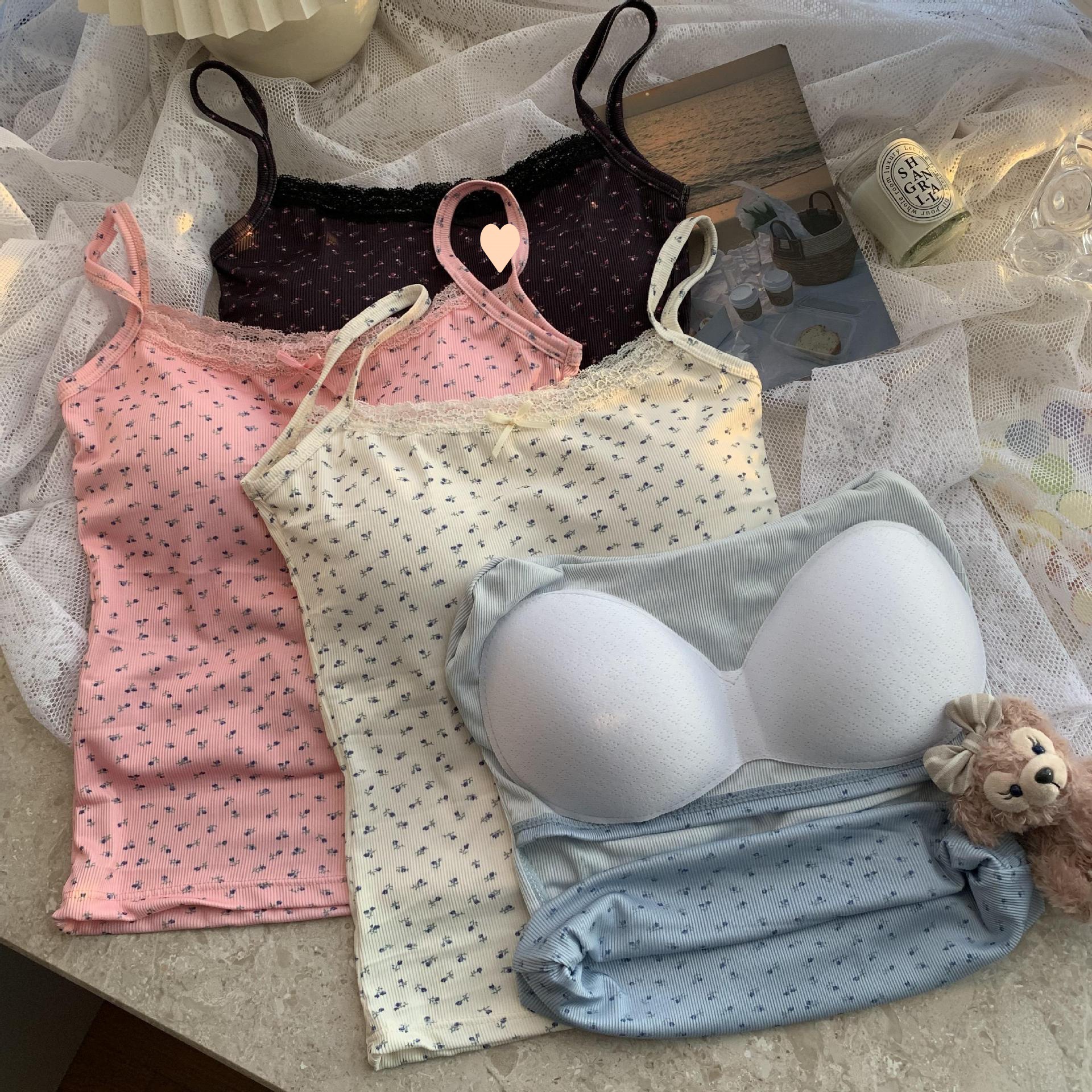 甜辣妹蓝色蕾丝边吊带小背心女夏季bm碎花内搭打底短款带胸垫上衣详情4
