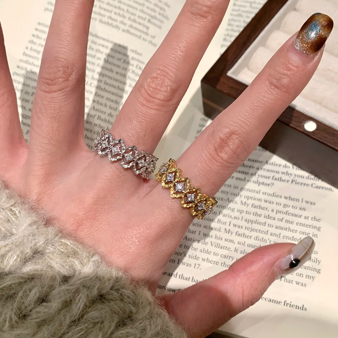 意大利布契风蕾丝花边戒指Vintage中古拉丝菱格镂空调金镶钻指环戒指饰品详情4