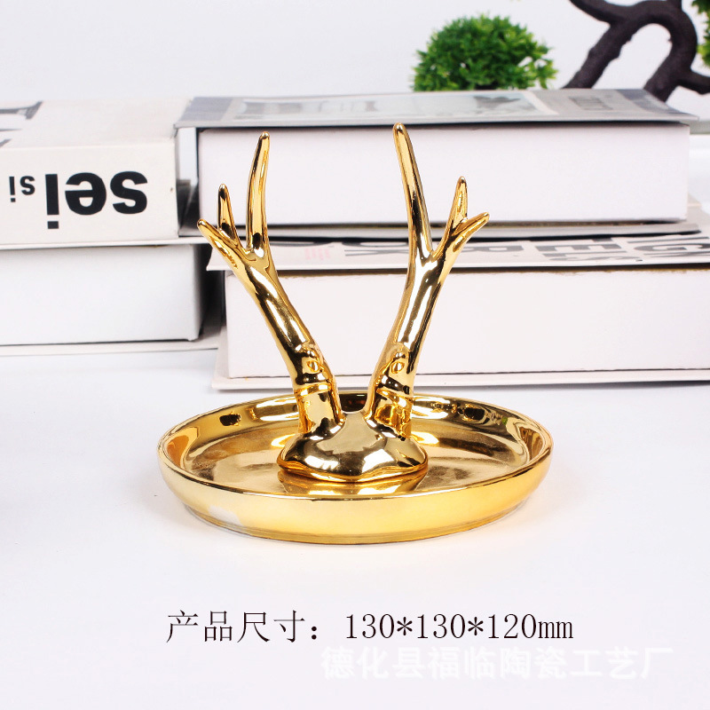Nordic gold-plated ceramic handicrafts, gift jewelry plates, rings, watches, home storage plates, golden deer animal ornaments pic 24