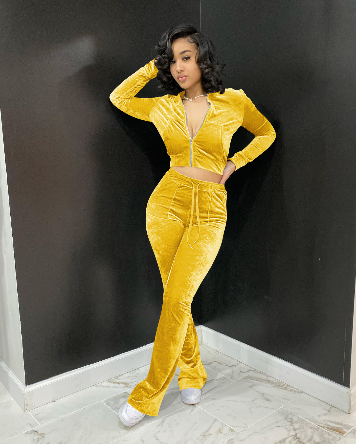 Solid color gold velvet wide-leg pants two-piece set pic 72