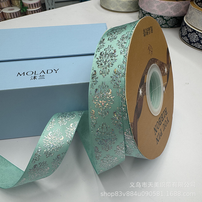 2.5cm图腾镭射烫银丝带吧唧托手工diy彩带鲜花礼品包装蝴蝶结织带详情11