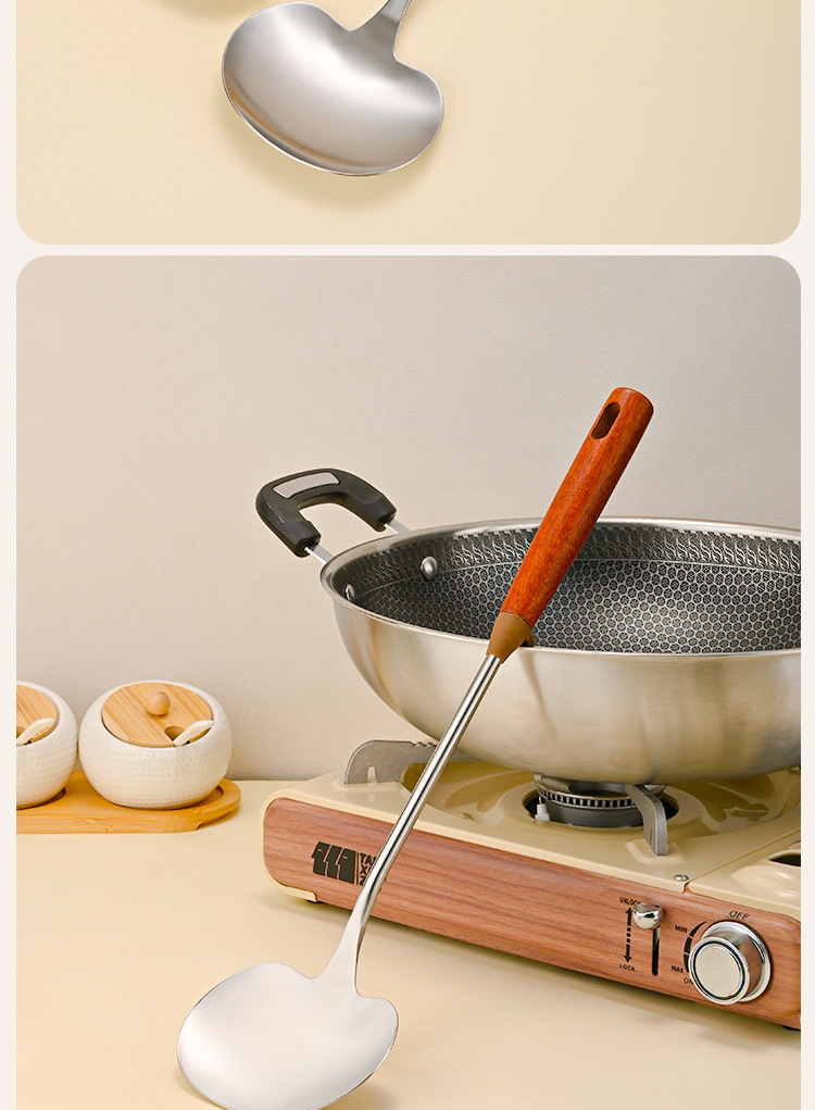 304 stainless steel mushroom spatula for household kitchen, wooden handle stir-frying spatula, sandalwood high-temperature resistant and anti-slip cooking pot spatula pic 16