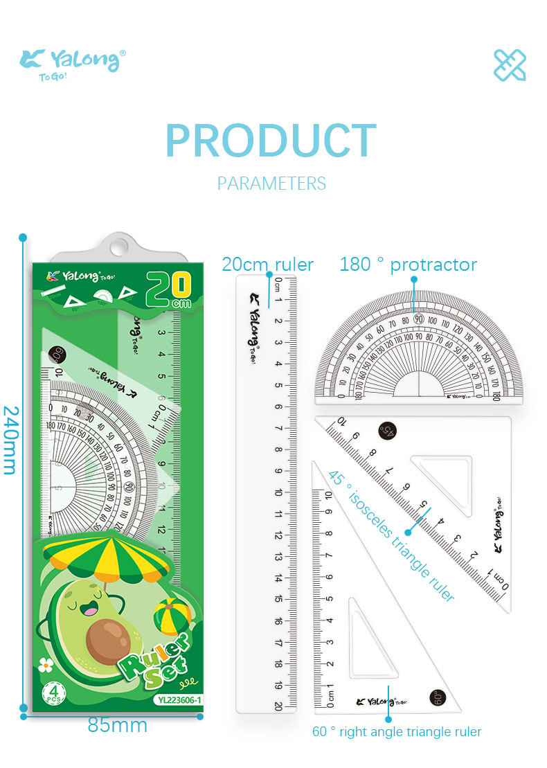 Yalong Cross-border Student Wholesale 20 cm School Ruler Student Stationery School Ruler Cute Measuring Set pic 7