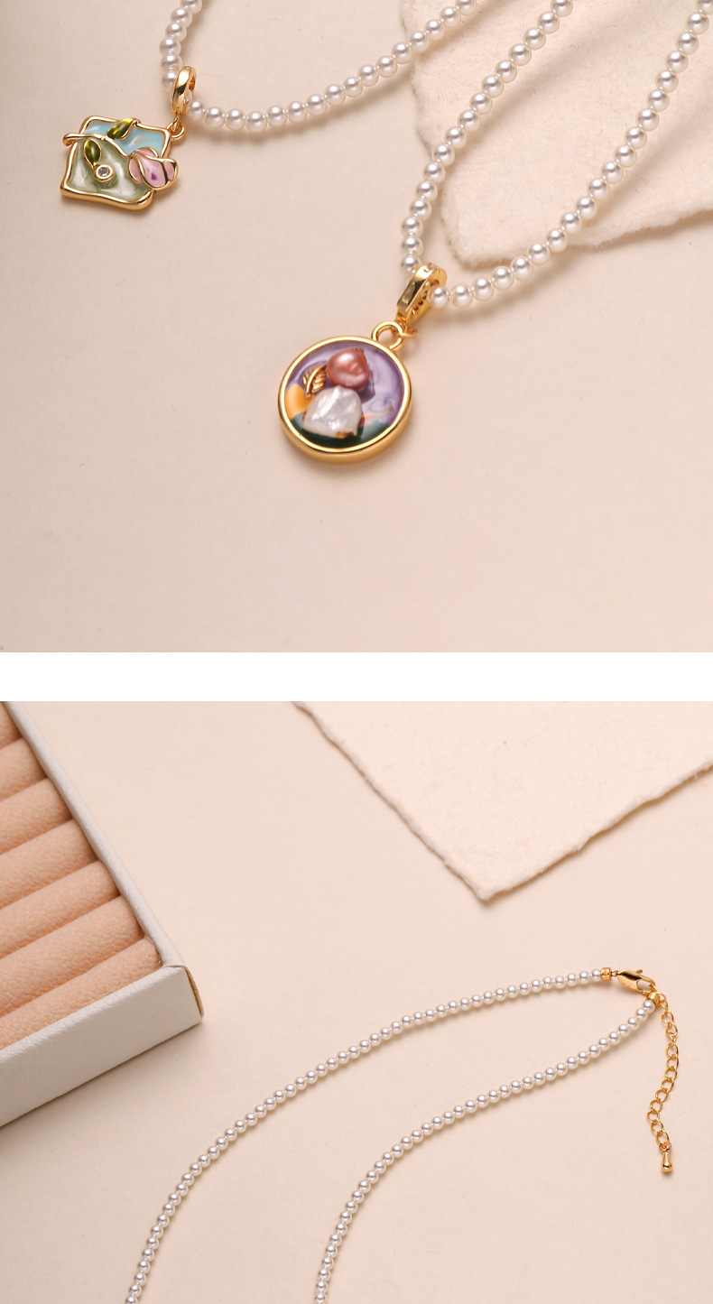 中古油画风珍珠项链轻奢高级感不掉色百搭毛衣链莫奈花园吊坠项链详情8