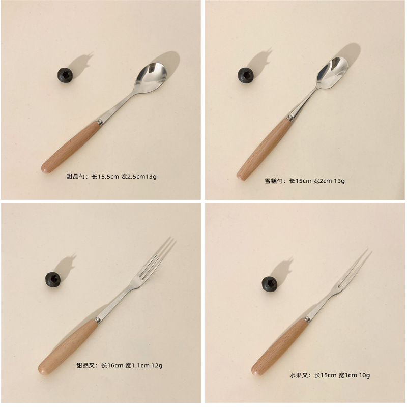 跨境日式不锈钢牛排刀叉勺子创意木柄甜品小勺小叉水果叉西餐餐具详情5