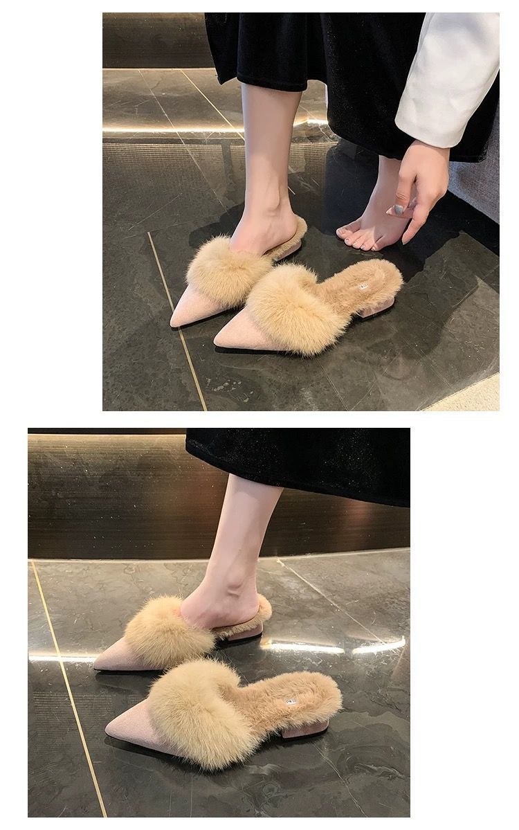 尖头毛毛棉拖鞋2025秋冬季新款日常软底一脚蹬包头半拖鞋加绒保暖详情2