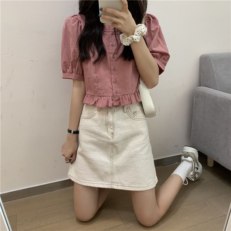 短袖衬衫女设计感小众夏季法式甜美减龄短款上衣方领小个子娃娃衫详情4