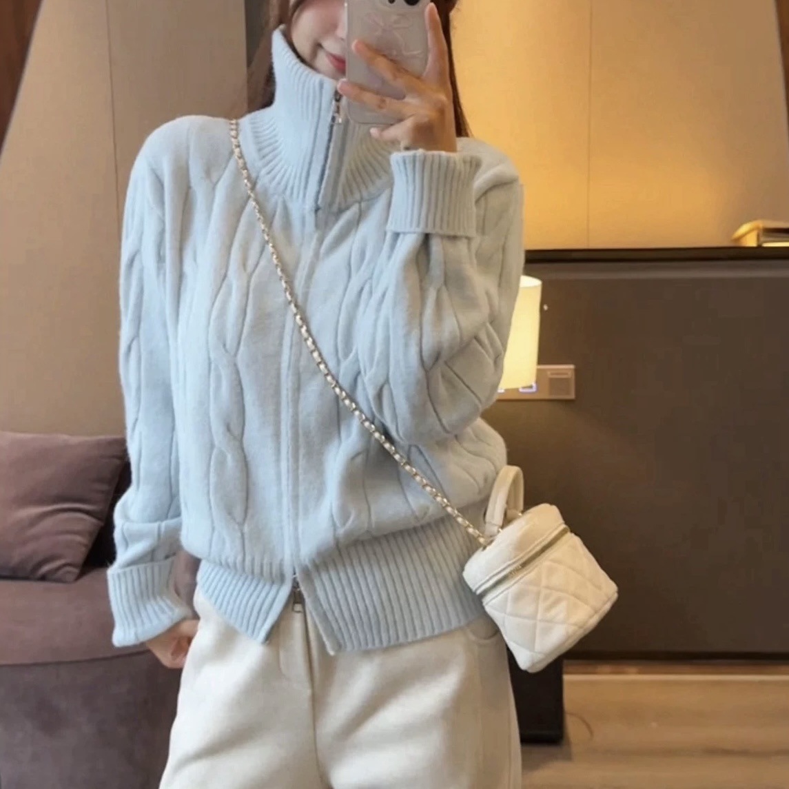 Solid-color casual double-zipper twisted knit cardigan coat, fashionable and versatile, new autumn and winter style sweater top for women pic 16