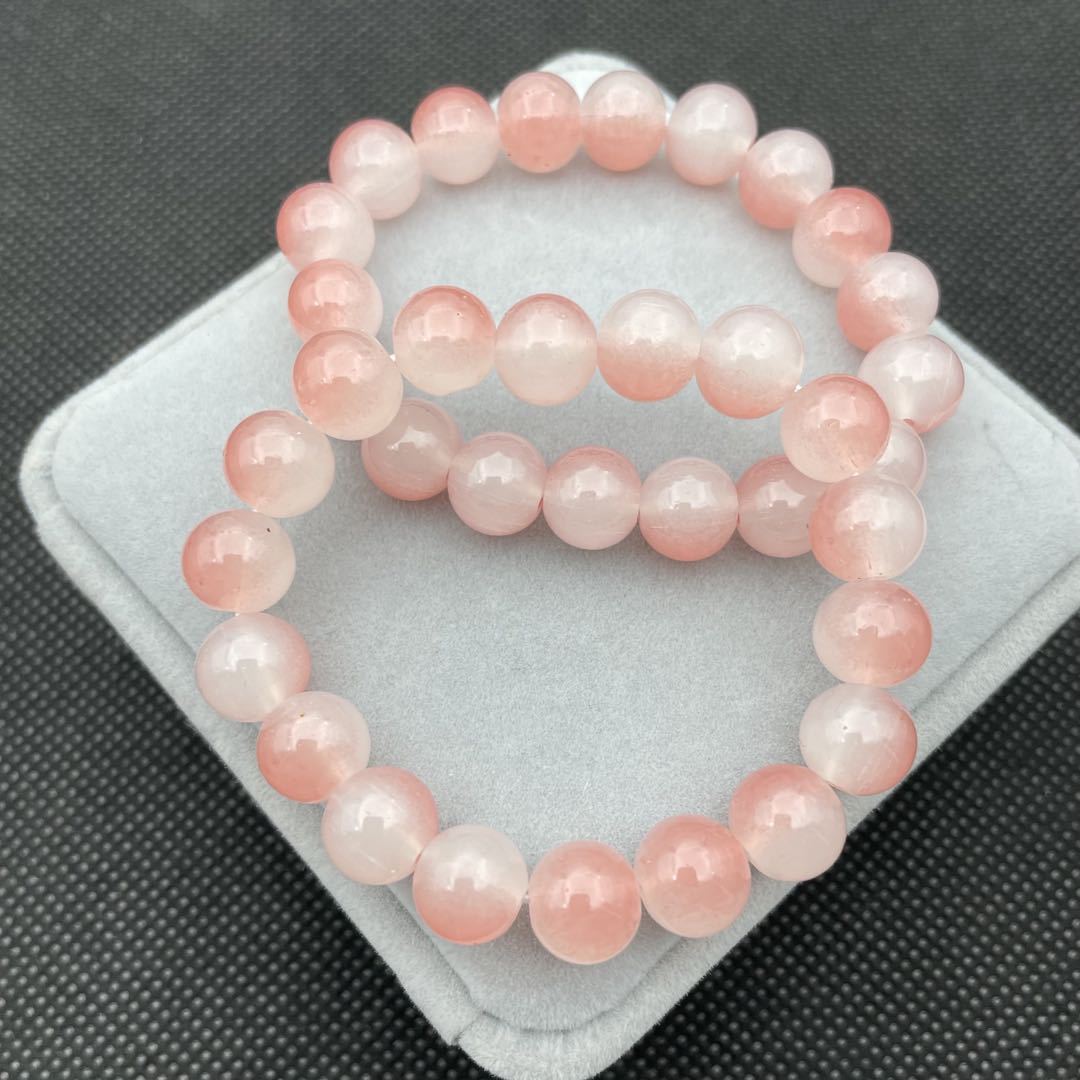 A simple and fresh peach-pink glass bracelet with 12MM beads, a versatile and fashionable bracelet for both men and women, a popular live-streaming accessory gift pic 4