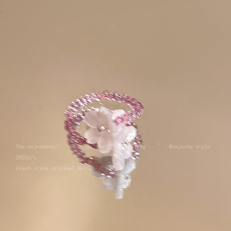Violet flower ring, new Korean-style index finger ring for girls in early spring, elastic beaded, stacked ring for best friends pic 16