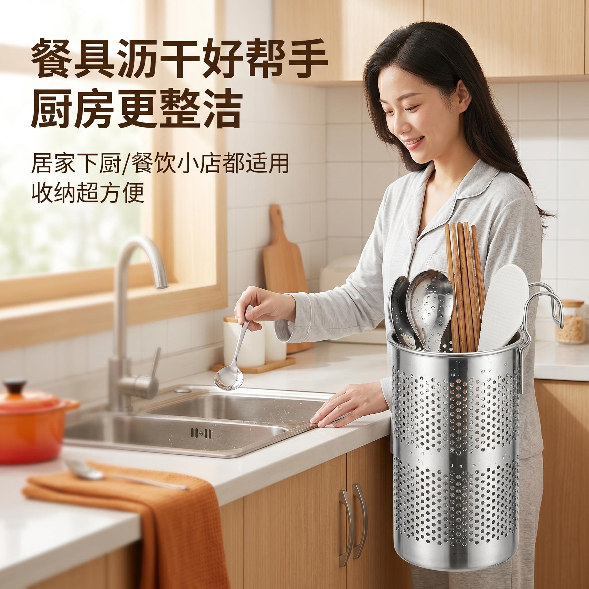 乐氏不锈钢多功能挂式筷子筒沥水架厨房挂钩筷笼家用置物架批发 pic 4