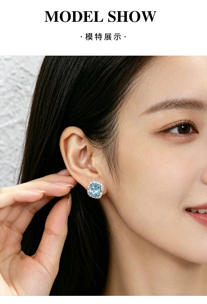 Heavy industry square micro-inlaid rose-cut ear studs, refreshing ice blue s925 silver needle, light luxury and high-end feel, bestseller and versatile earrings pic 14
