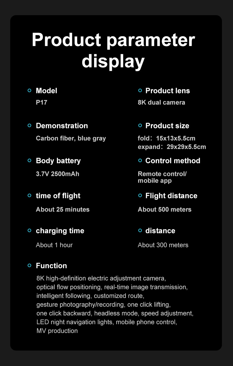 The cross-border new product P17 carbon fiber drone features a brushless motor, GPS positioning, intelligent obstacle avoidance, and high-definition aerial photography with dual lenses pic 34