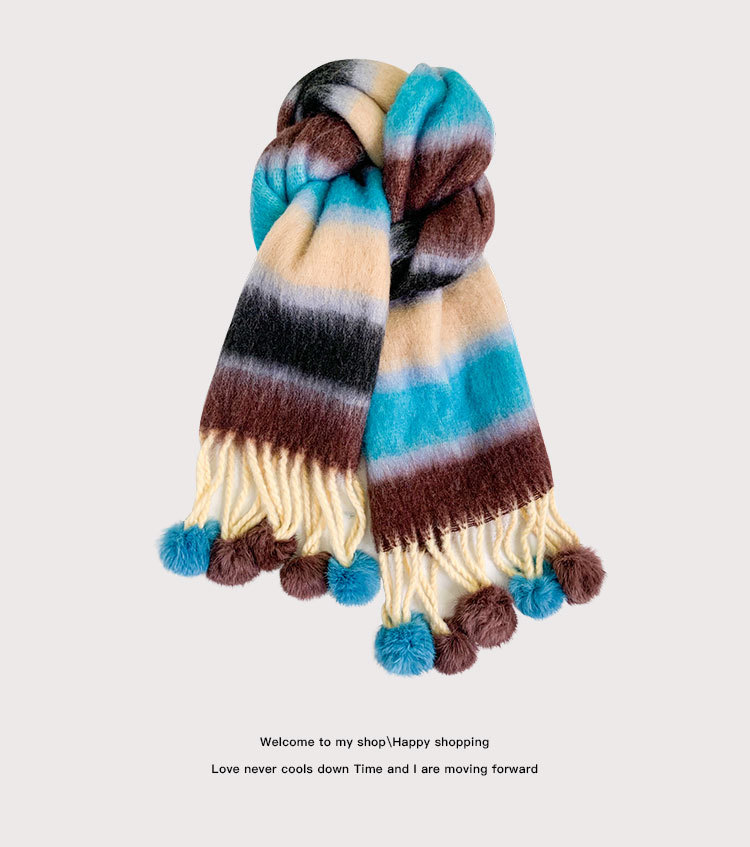 多巴胺彩虹条纹马海毛围巾女冬季软糯保暖仿兔毛毛球长款披肩围脖详情6
