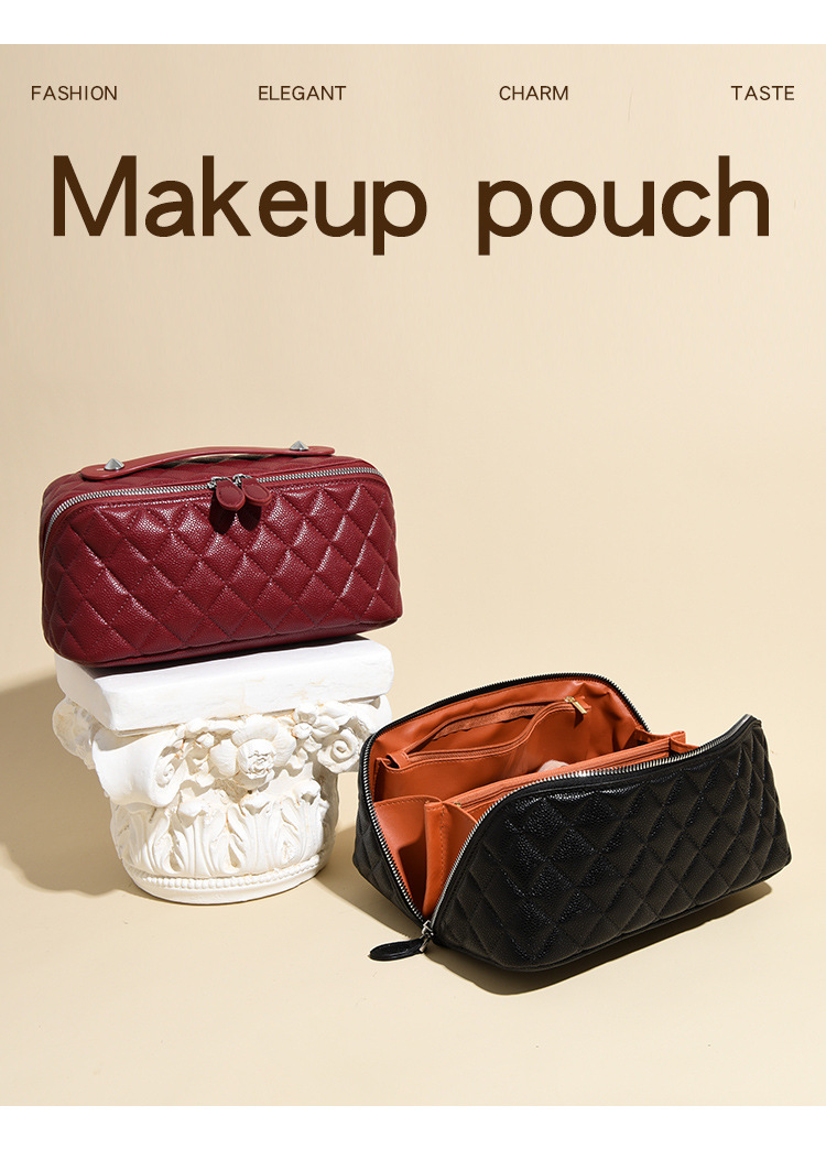 亚马逊跨境高品质pu化妆包菱格绗缝枕头包手提洗漱化妆品收纳包详情17