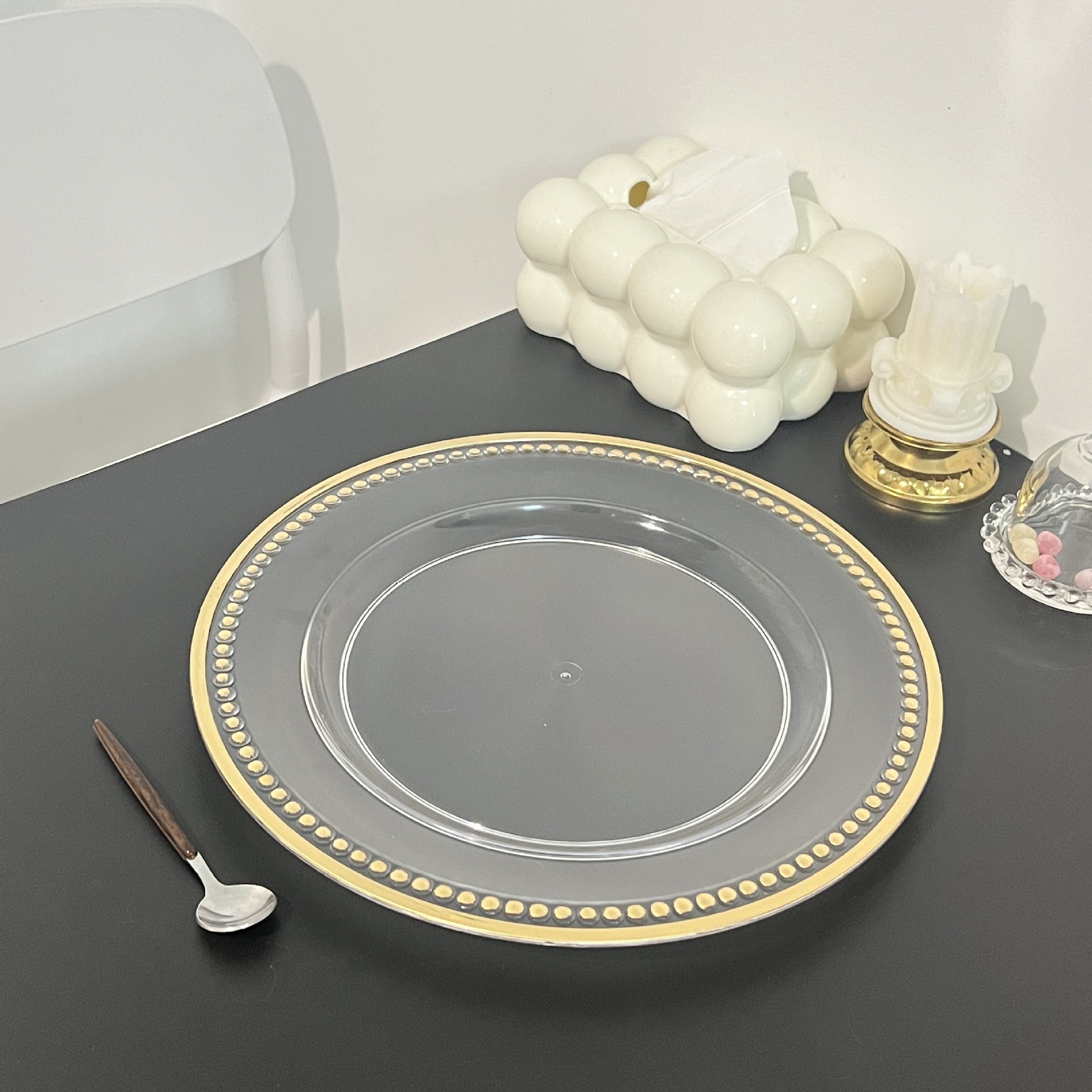 外贸透明婚礼酒店派对烫金工艺装饰塑料玻璃主盘chagerplate详情4