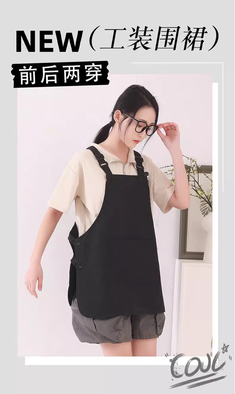 新款工装围裙日式防泼水男女罩衣厨房家用咖啡店工作服可印字批发详情9