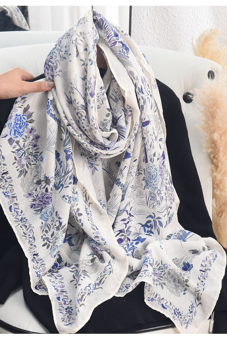 薄款小众仿棉麻田园风印花丝巾日韩女时尚气质披肩高级感节日礼物详情8