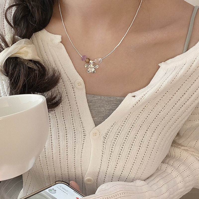 925 sterling silver irregular crystal flower sandalwood necklace for women, simple, light luxury, fashionable and individual collarbone chain N0992 pic 4