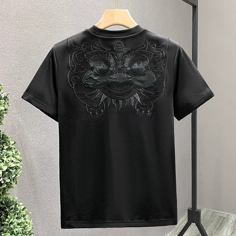 Chinese trend lion dance embroidery short-sleeved T-shirt for men, summer round-neck half-sleeved American retro loose casual top T-shirt pic 6