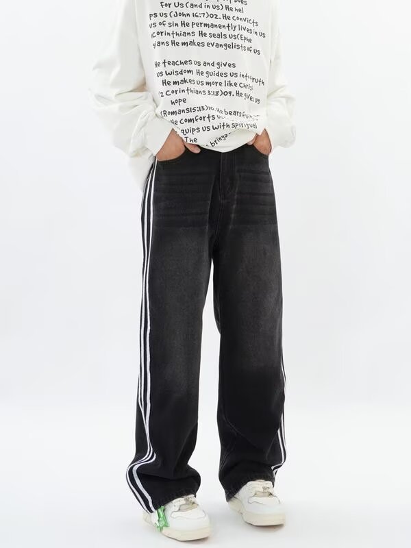 FUIV 美式条纹拼接牛仔裤男潮复古直筒宽松高街高街潮流痞帅长裤详情4