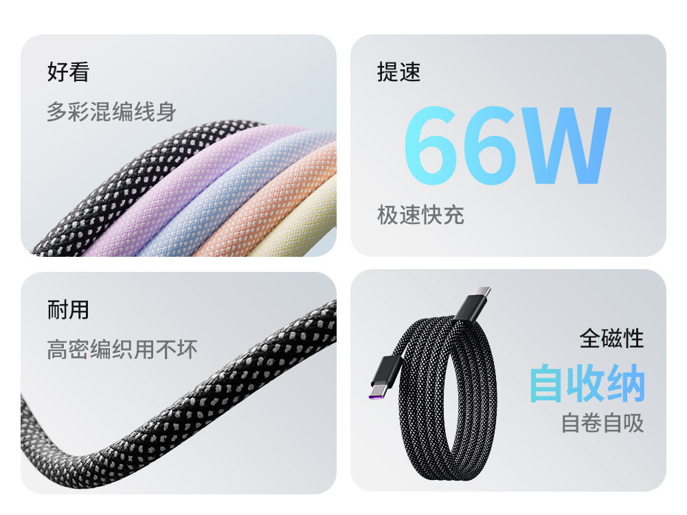 倍魔磁吸数据线超级快充数据线双口编织type-C适用于苹果华为平板详情3