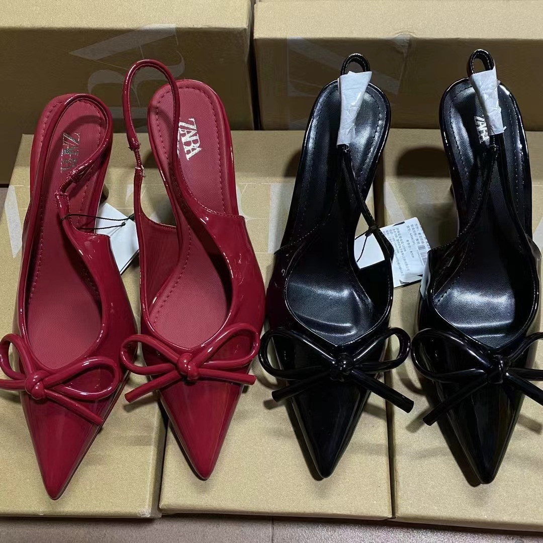ZA2024新品上新黑色漆皮蝴蝶结女鞋时尚尖头细跟后绊带凉高跟鞋女详情2
