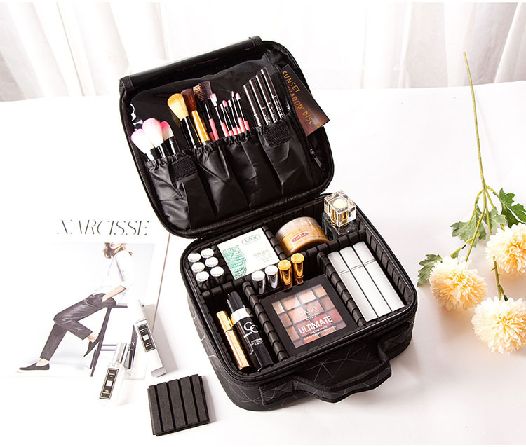 Portable PU leather diamond-shaped partition makeup box, large-capacity waterproof makeup bag, makeup brush and cosmetics storage box pic 8