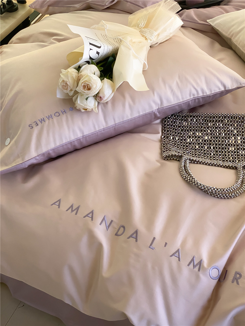 Simple, light luxury and fashionable solid-color long-staple cotton four-piece set, pure cotton letter-embroidered duvet cover, double bedding pic 22