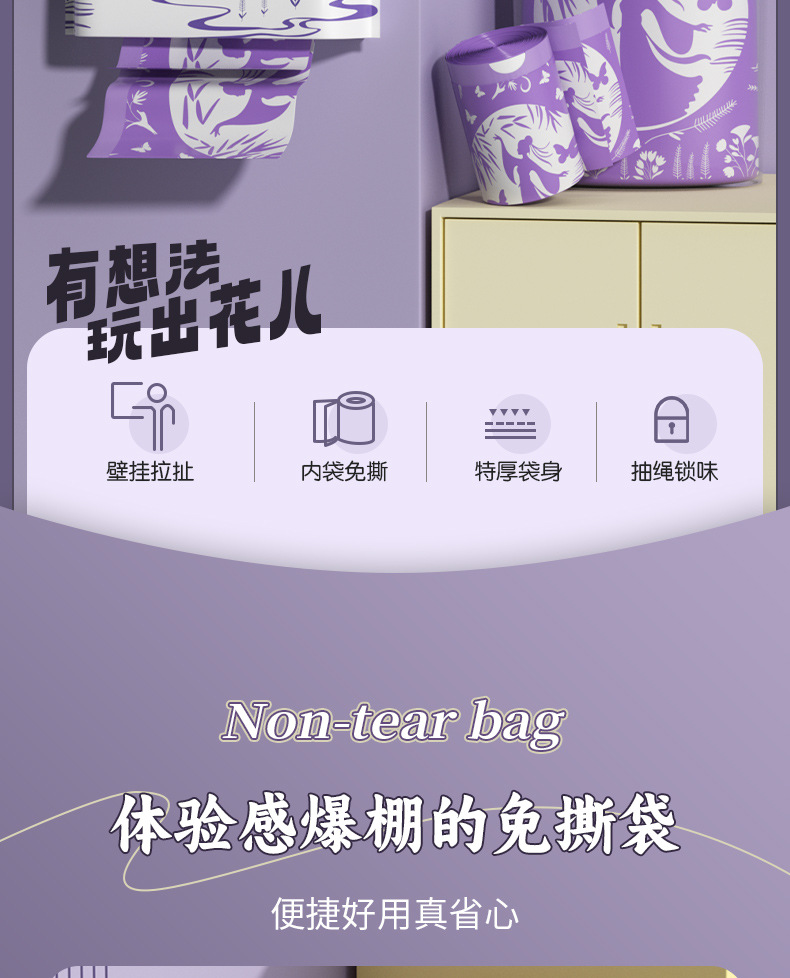 薰衣草垃圾袋抽绳式悬挂袋家用印花免撕清洁袋加厚自动收口塑料袋详情2