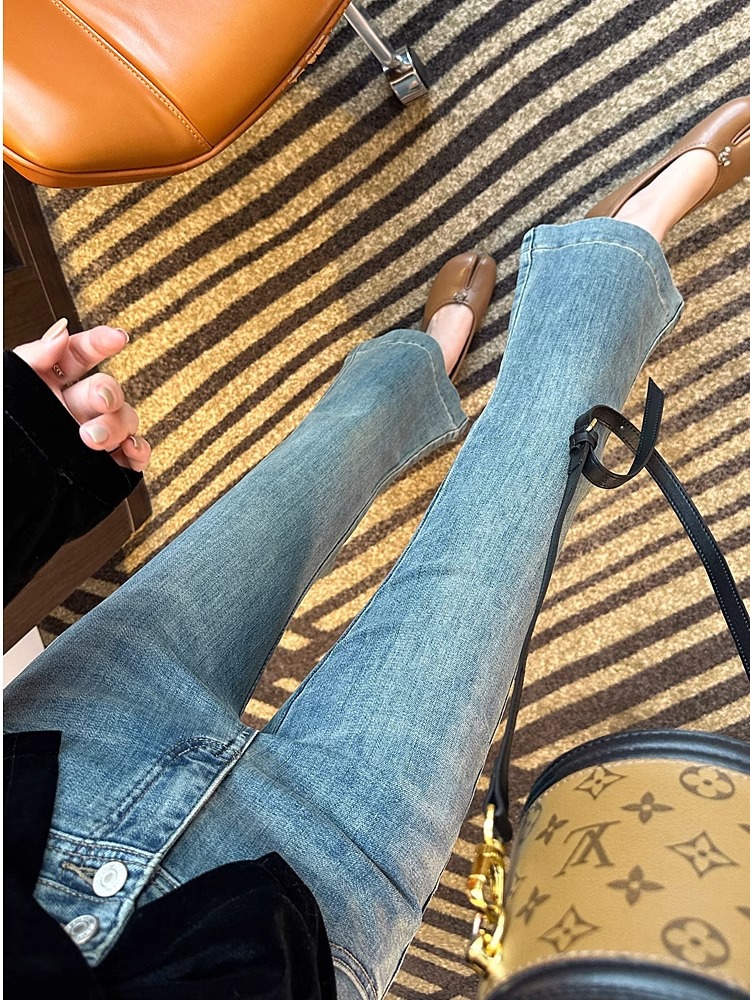 小个子弹力微喇叭牛仔裤女春秋款梨形身材大码高腰直筒显瘦九分裤详情6