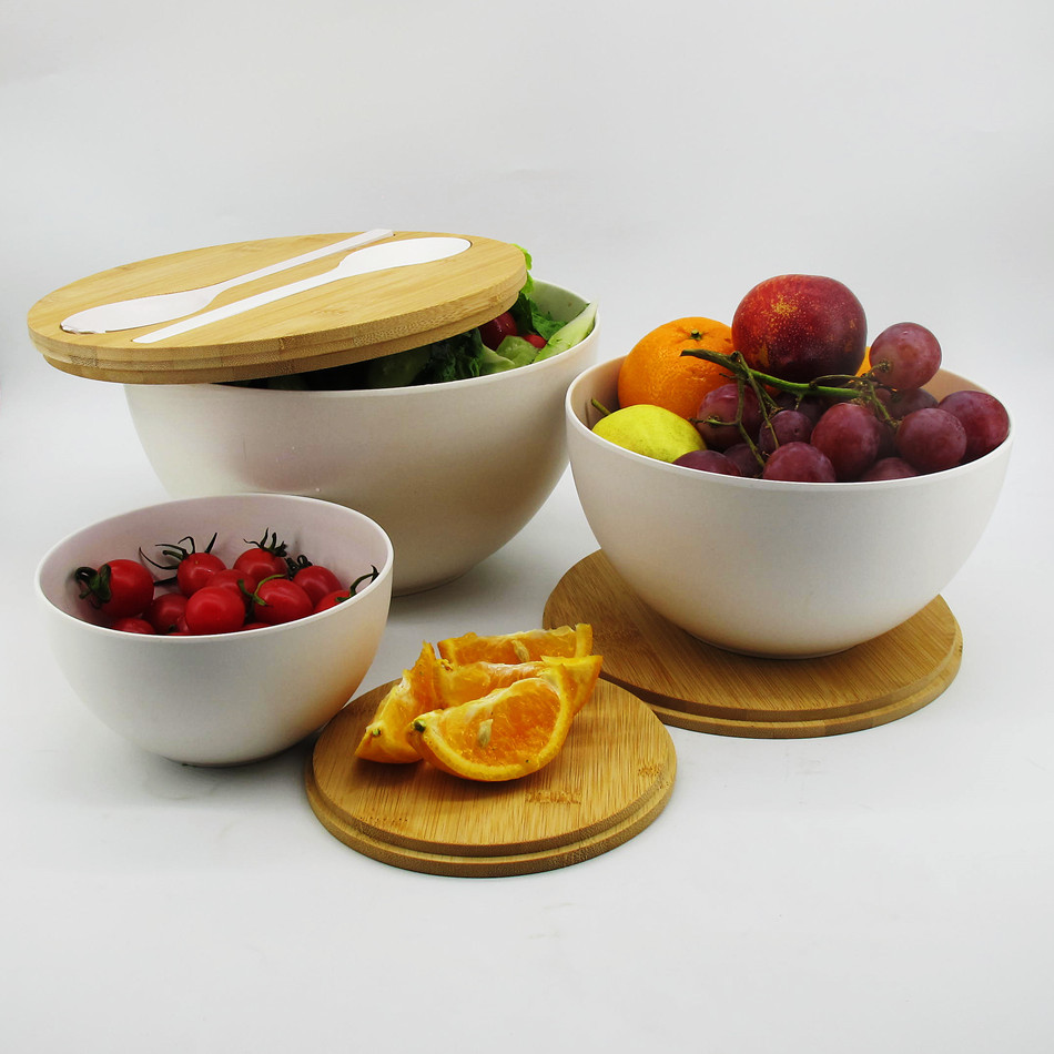 Three sets of bamboo fiber salad bowls, large, medium and small, with bamboo LIDS for fruit and vegetable salad snacks pic 19