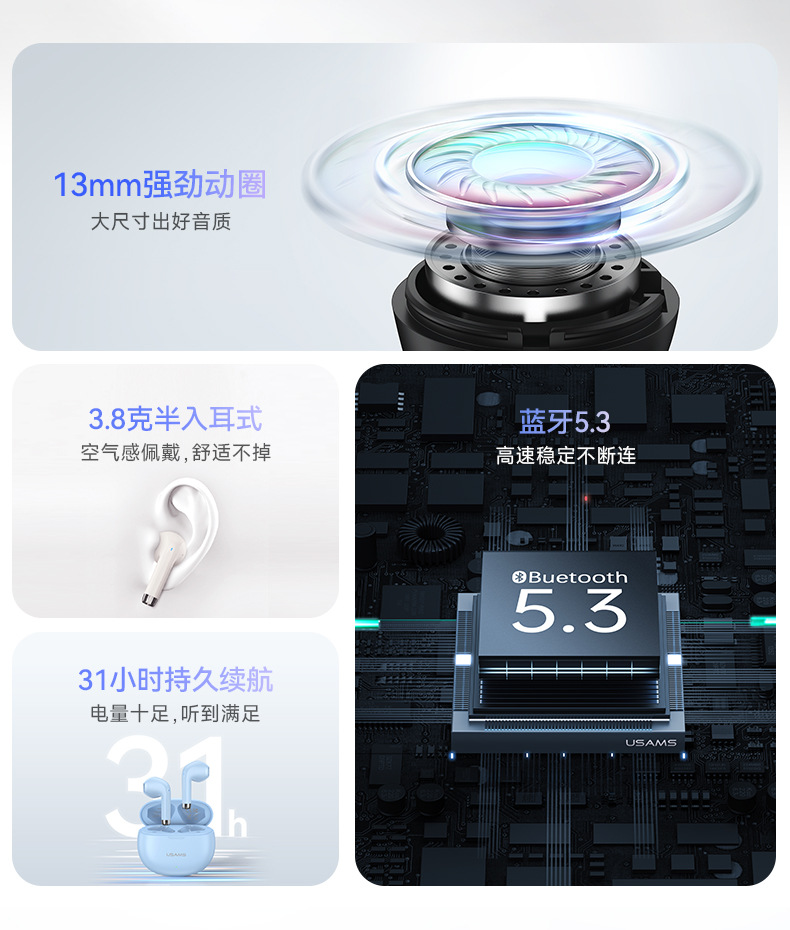 USAMS 优胜仕无线蓝牙 TWS双耳半入耳式耳机  韵宝系列 蓝牙5.3详情2