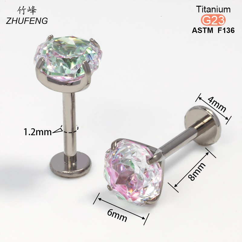 F136钛合金耳钉螺旋内牙四爪镶锆石爆闪高级感耳骨钉耳饰详情11