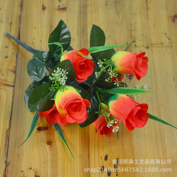 照屏仿真花厂家批发仿真玫瑰花仿真绢花七头春蕾把花小假花花束详情9